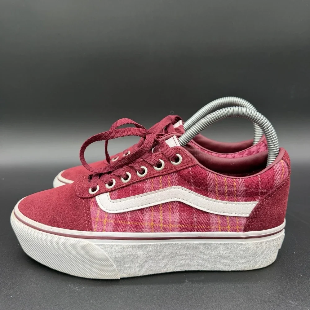 Vans Old Skool Ward Platform Women's Size 7 Burgundy Suede Plaid Mix Sneakers